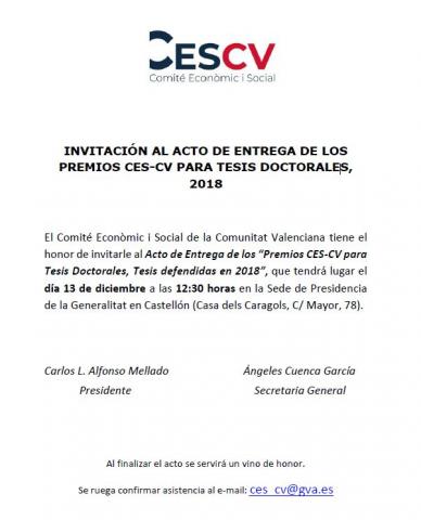 Acto de Entrega de los “Premios CES-CV para Tesis Doctorales, Tesis defendidas en 2018