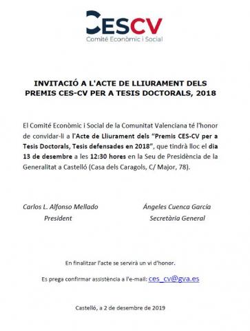 Acte de Lliurament dels Premis CES-CV per a Tesis Doctorals, Tesis defensades en 2018